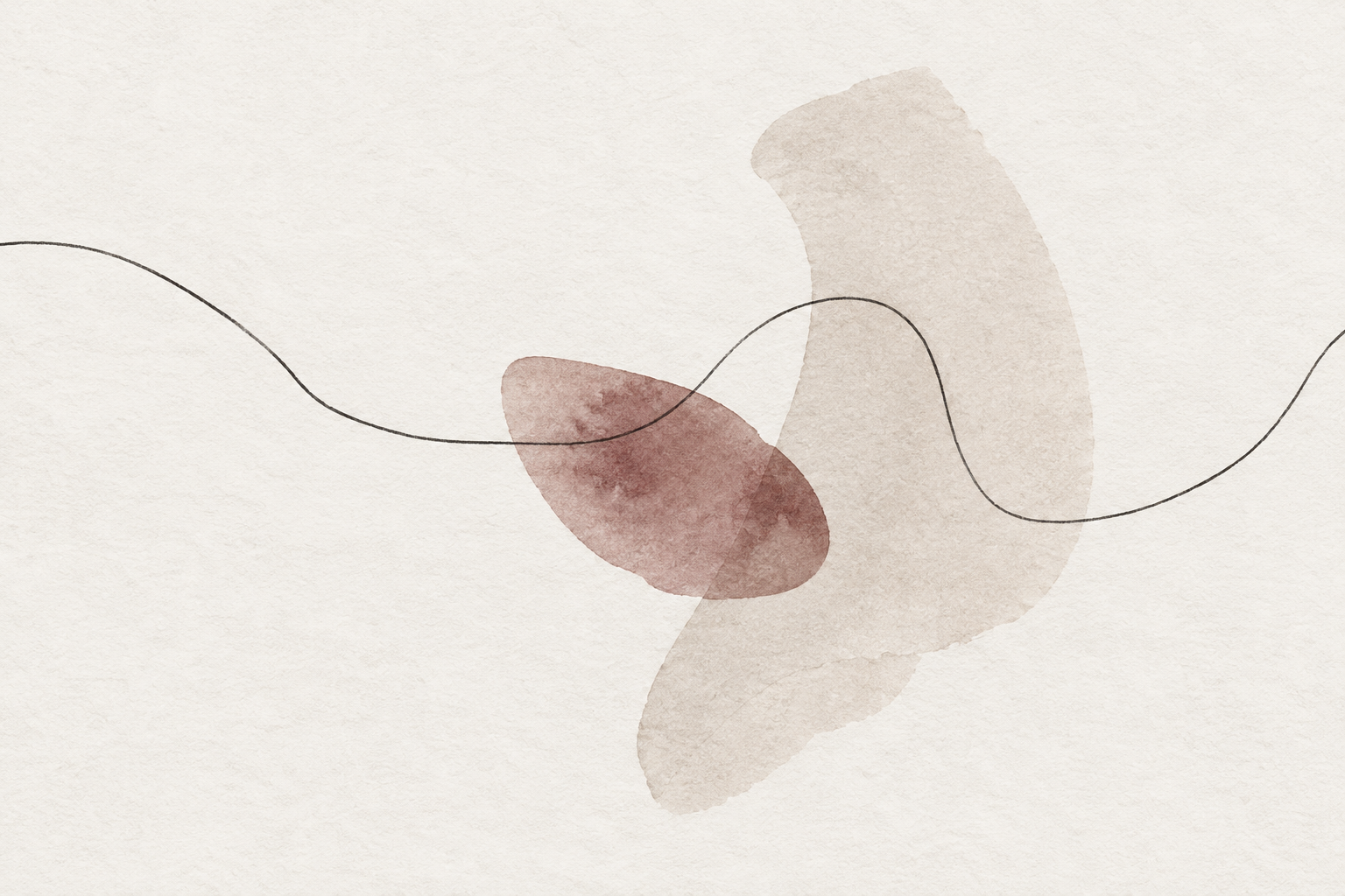 Abstracte lijntekening met zachte bordeaux- en taupetinten op licht papier.